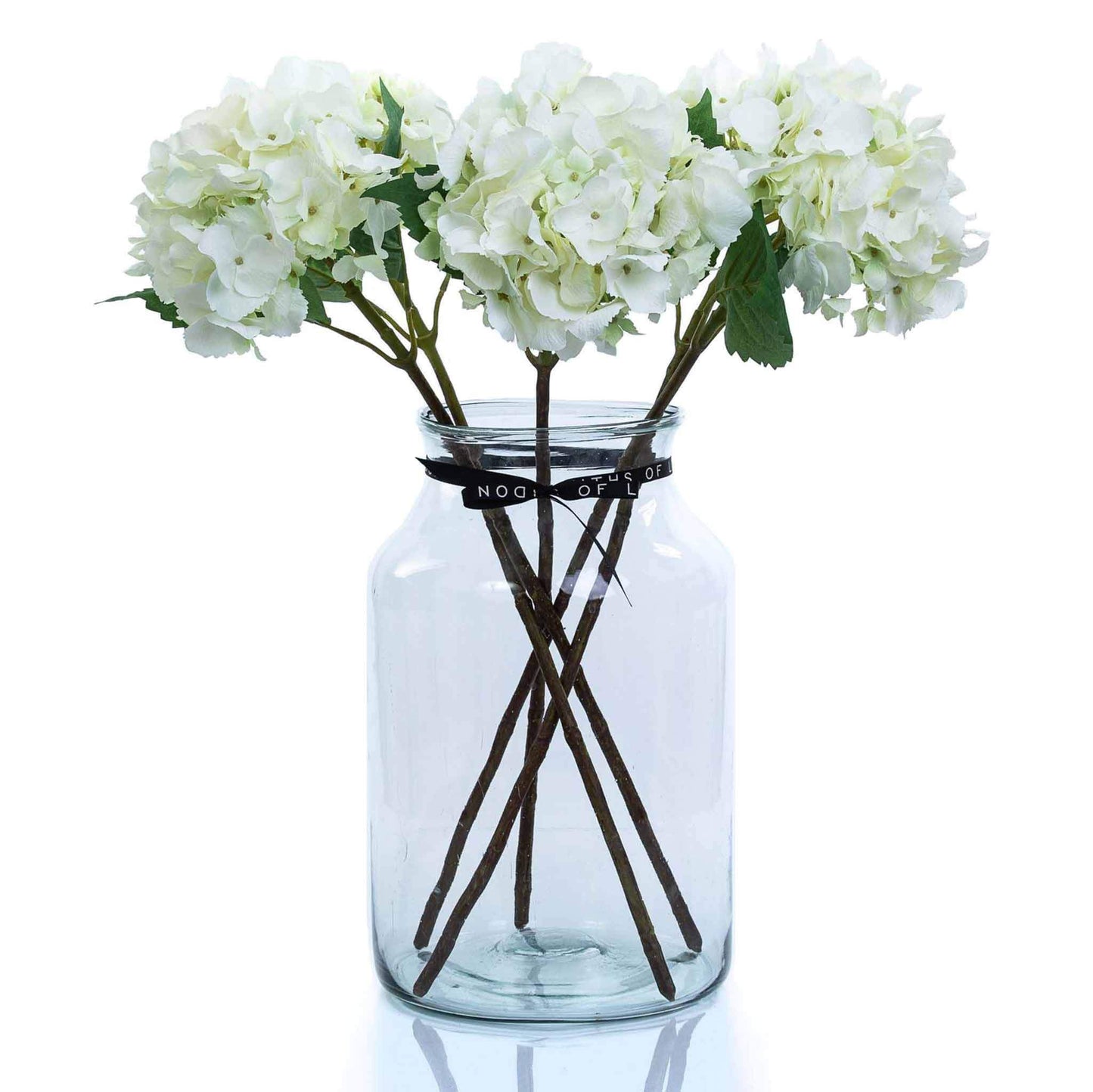 Faux white hydrangea medium bouquet in apothecary vase