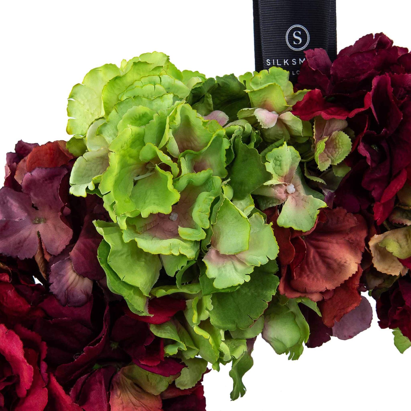 Burgundy, red and green faux hydrangea wreath