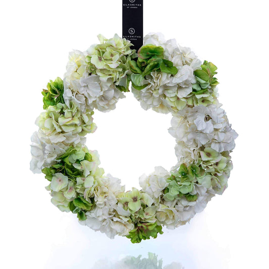 Luxury spring white and green faux hydrangea wreath