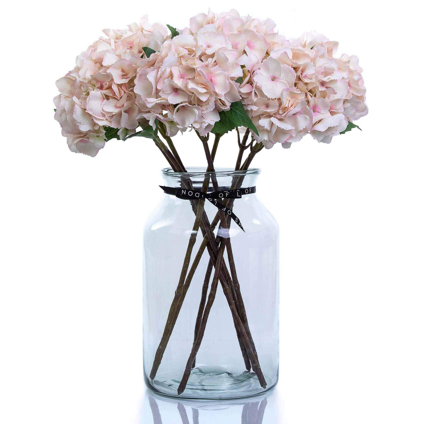 Large luxury pale pink hydrangea bouquet in apothecary vase