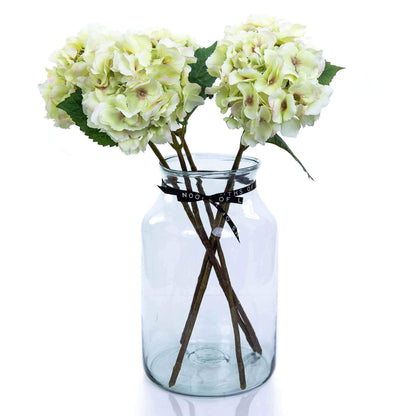 Green faux medium hydrangea bouquet in apothecary vase