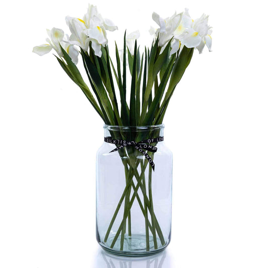 White Faux Iris Bouquet in Apothecary Vase