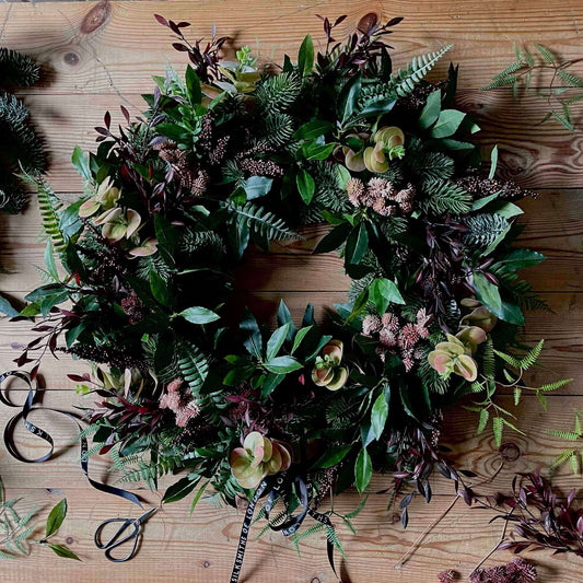 Large Christmas Wreath with Artificial Foliage and Berries in Burgundy and Pink Tones