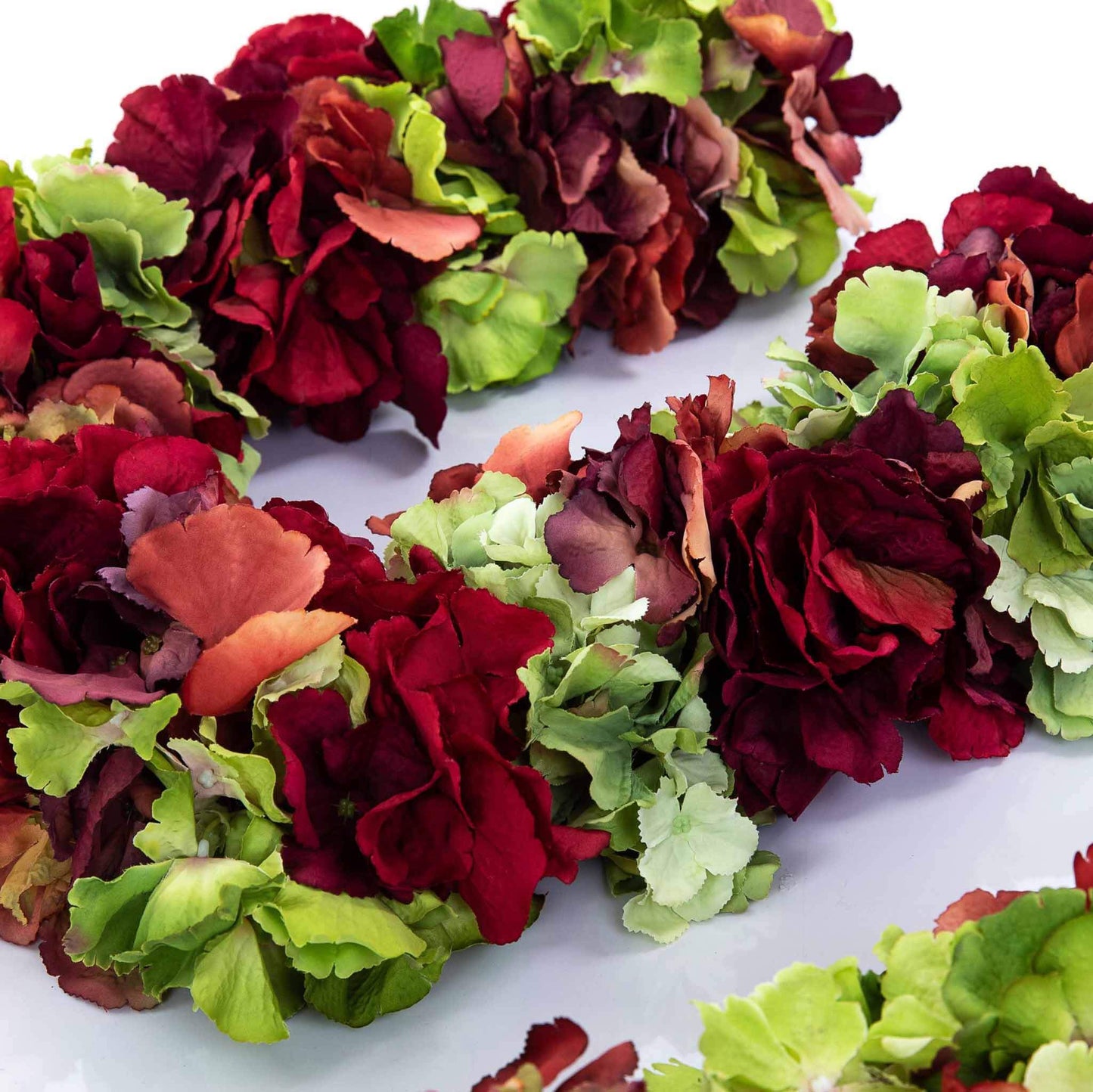 Red, burgundy and green faux hydrangea garland